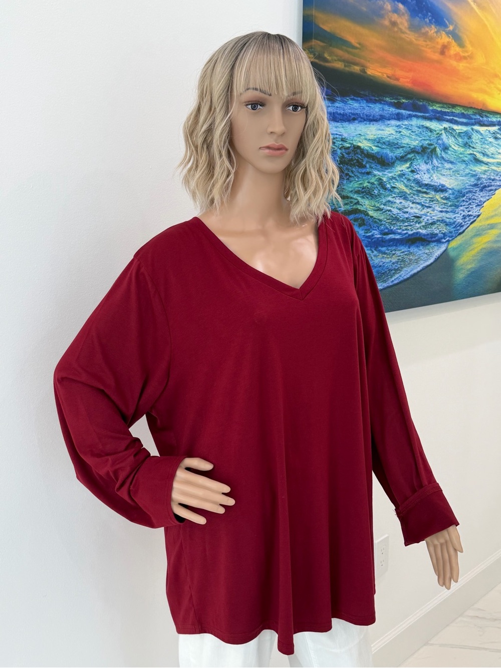 Pretty and Comfy Women’s Burgundy/Red V-Neck Long Sleeve Top, Size 3X